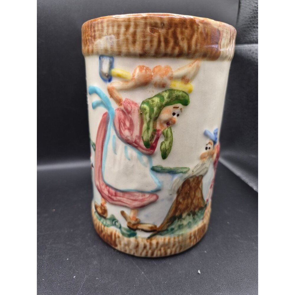 Vintage Hand-Painted Ceramic Mug Rustic Farm Scenes Textured Handle Brown Glaze